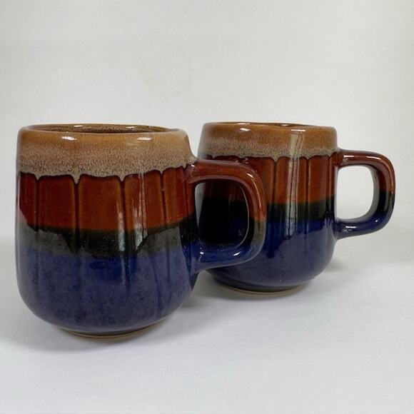 Classic Handmade Ceramic Drip Glaze Mug Cup set of 2 Brown Blue Retro 1970s VTG - Picture 10 of 10